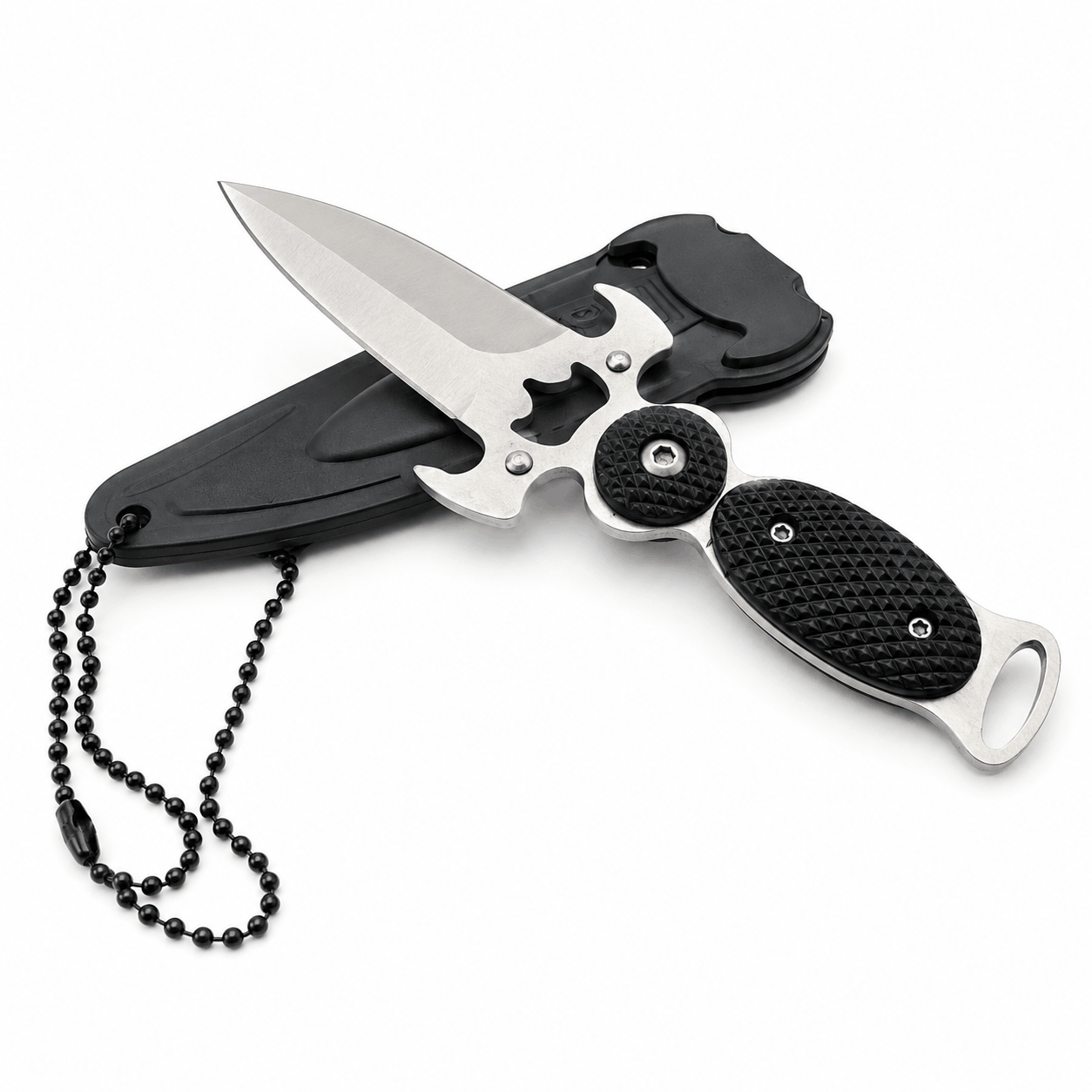 Компактен нож Black AirSoft DAGGER с калъф и верижка