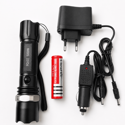 Τακτικός LED φακός POLICE 5000W Black Airsoft σετ με φορτιστή αυτοκινήτου